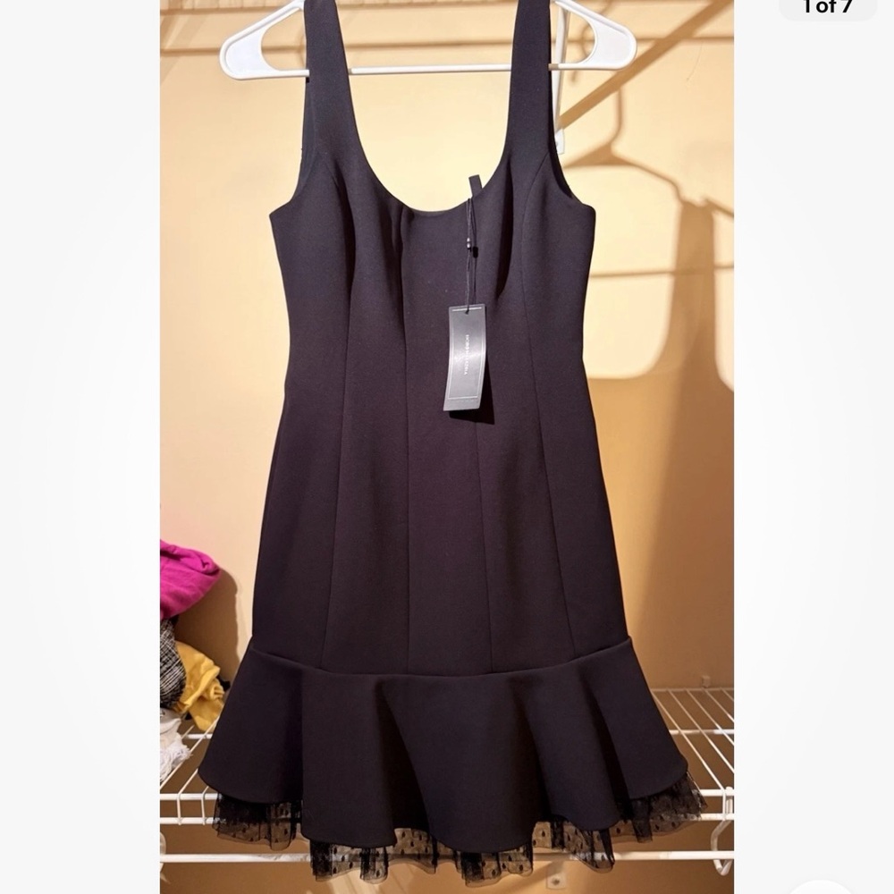NWT- BCBGMaxAzria Black Ruffled Mini Sheath Dress with tulle edge, Sz 0
